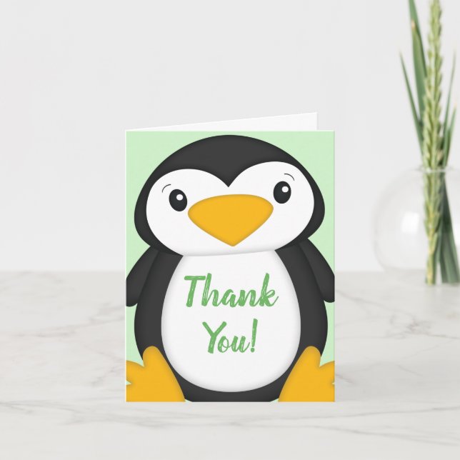 Penguin Baby Shower Green Thank You Card (Front)