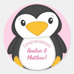Penguin Baby Shower Pink Classic Round Sticker