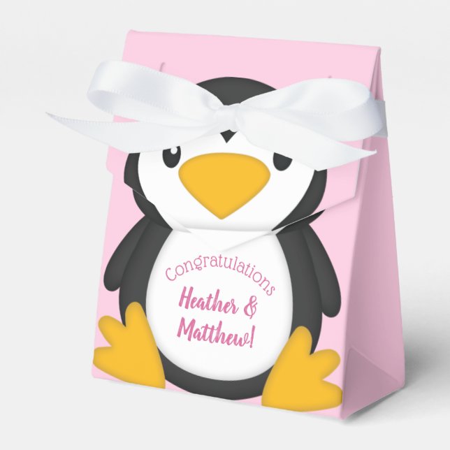 Penguin Baby Shower Pink Favour Box (Front Side)