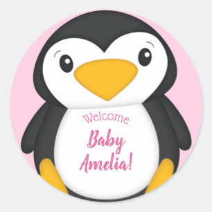Penguin Baby Shower Pink Girl Classic Round Sticker