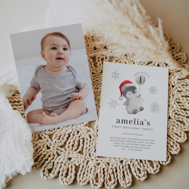 Penguin Balloon Photo 1st Birthday Invitation (Penguin Balloon Photo 1st Birthday Invitation)