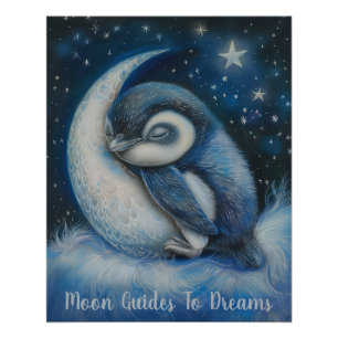 Penguin bird baby sleeping on Moon Poster