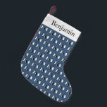 Penguin Bird Blue Antarctic Animal Winter Name Small Christmas Stocking<br><div class="desc">Repeating pattern of black and white penguin birds on a blue background. Personalise with your name at the top.</div>
