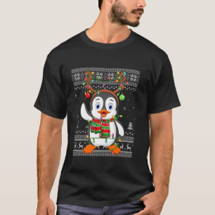 Penguin Bird Xmas Lights Reindeer Hat Ugly Penguin T-Shirt