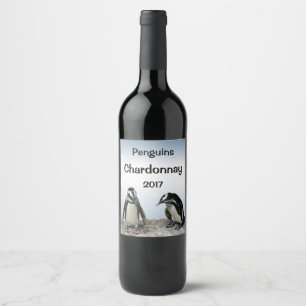 Penguin Birds Blue White Black Animal Wine Label