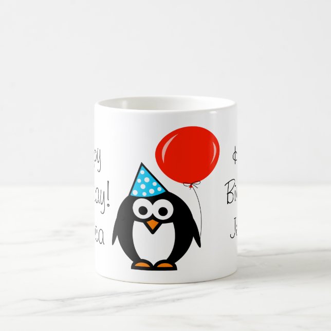 Penguin Birthday mug with red balloon and name (Center)