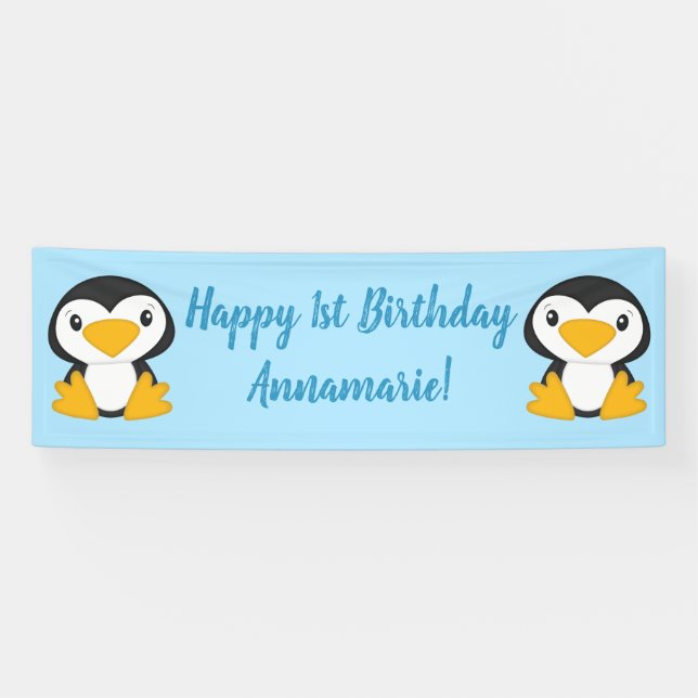 Penguin Birthday Party Blue Banner (Horizontal)