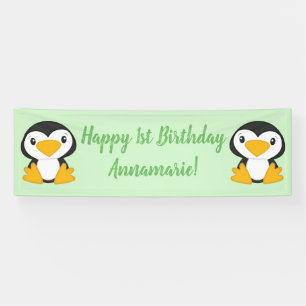 Penguin Birthday Party Green Banner