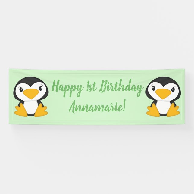 Penguin Birthday Party Green Banner (Horizontal)