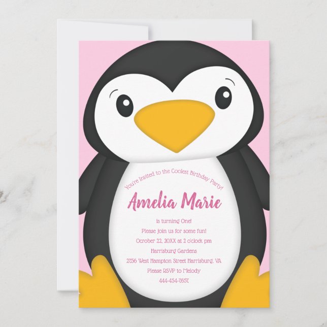Penguin Birthday Party Pink Invitation (Front)