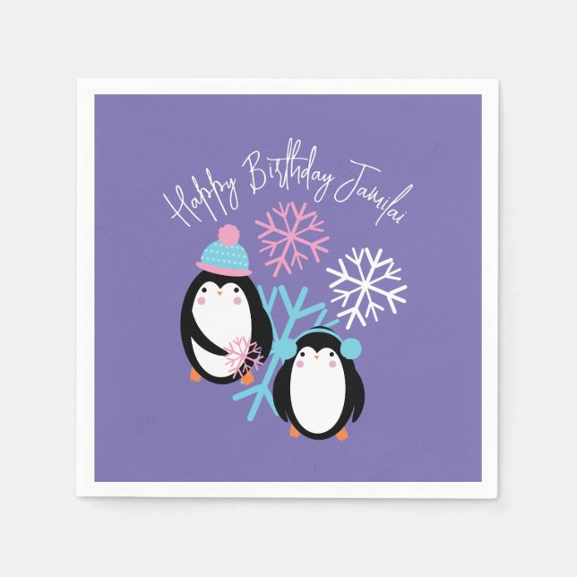 Penguin Birthday Snowflakes Pink Blue Winter Party Napkin (Front)
