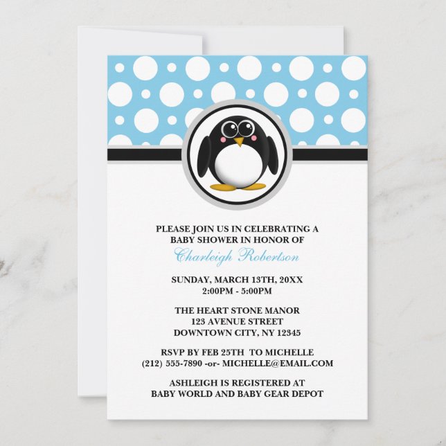 Penguin Blue Polka Dot Baby Shower Invitations (Front)