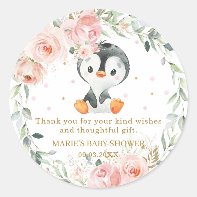 Penguin Blush Floral Baby Shower Birthday Party Classic Round Sticker (Front)