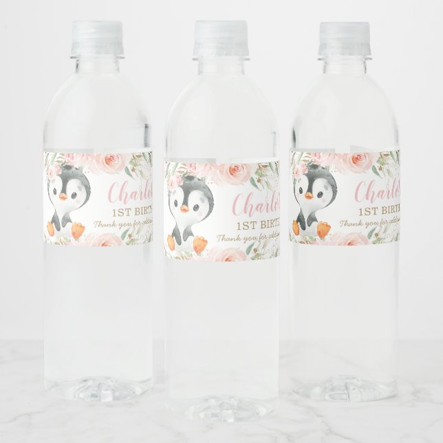 Penguin Blush Floral Baby Shower Birthday Party  Water Bottle Label (Bottles)