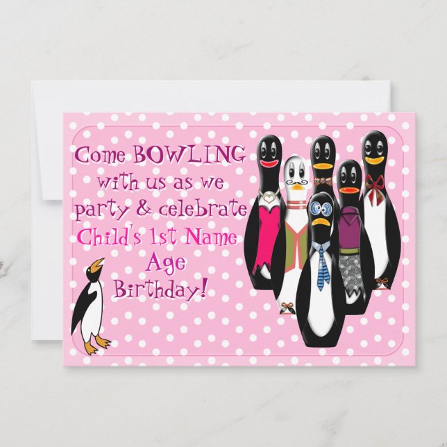 Penguin Bowling Birthday Party Pink (Personalised) Invitation (Front)