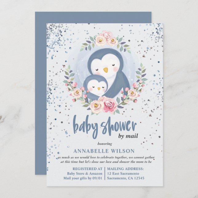 Penguin Boy Baby Shower By Mail Invitation (Front/Back)