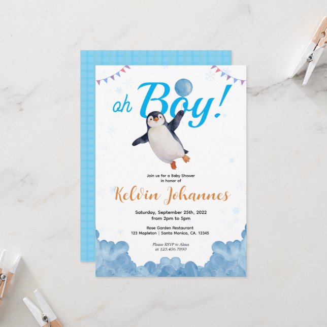 Penguin Boy Blue Baloon Cloud Sky Baby Shower Invitation (Front/Back In Situ)