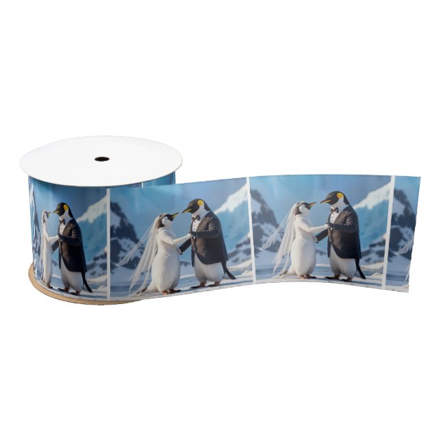 Penguin Bride and Groom Dancing On Ice Satin Ribbon (Spool)