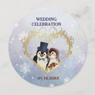 Penguin Bride and Groom Wedding - Circle Invitation