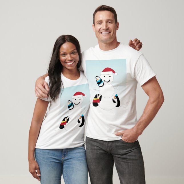 Penguin Building a Snowman Winter T-Shirt (Unisex)