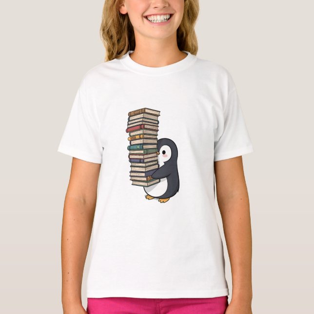 Penguin Carrying Stack of Books Kids T-Shirt (Front)