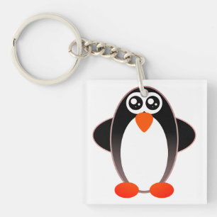Penguin, Cartoon, Black And White Key Ring