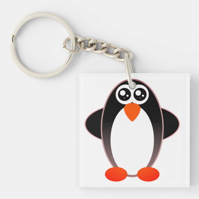 Penguin, Cartoon, Black And White Key Ring (Front)