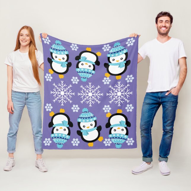 Penguin cartoon cold winter snowflake fleece blue (In Situ)