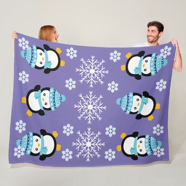 Penguin cartoon cold winter snowflake LARGE purple Fleece Blanket (In Situ)