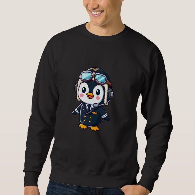 Penguin Cartoon Pilot Flying Airplane Sweatshirt (Front)