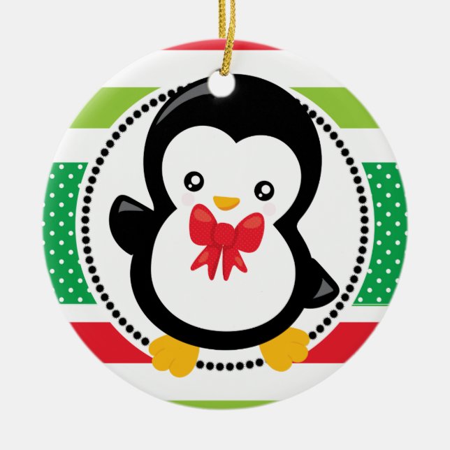 Penguin Christmas Bow Holiday Personalised Ceramic Tree Decoration (Front)