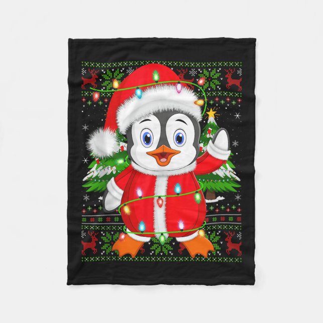 Penguin Christmas Lights Santa Costume Ugly Xmas S Fleece Blanket (Front)
