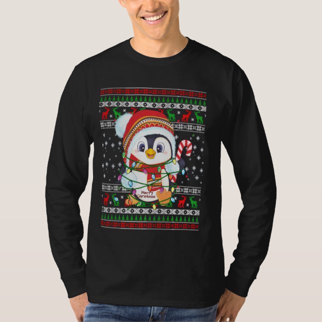 Penguin Christmas Lights Santa Hat Ugly Christmas  T-Shirt (Front)