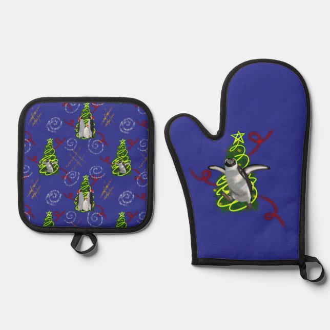 Penguin Christmas Oven Mitt & Pot Holder Set (Front)