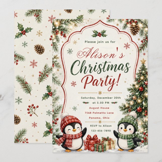 Penguin Christmas Party Invitation (Front/Back)