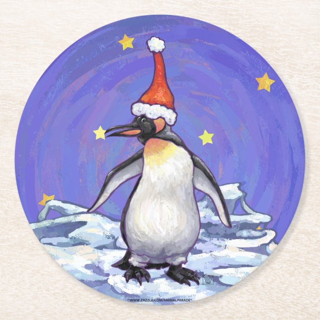 Penguin Christmas Round Paper Coaster (Front)