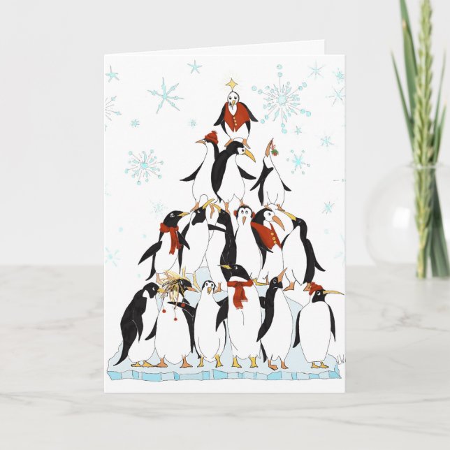 Penguin Christmas Tree Fun Holiday Cartoon Invitation (Front)
