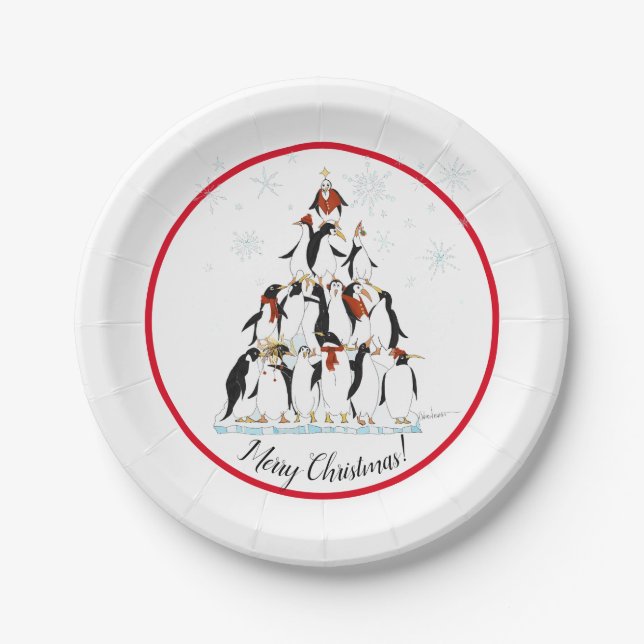 Penguin Christmas Tree Fun Holiday Cartoon Paper Plate (Front)