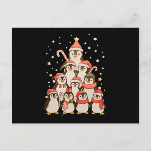 Penguin Christmas Tree Snow Santa Hat Xmas Holiday Postcard