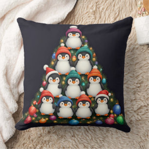 Penguin Christmas Tree Throw Pillow Cover