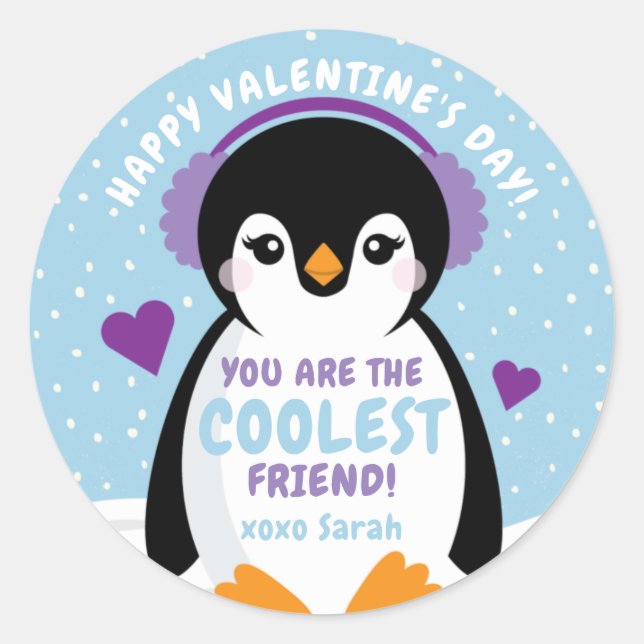 Penguin Classroom Valentine's Day Card for Kids Classic Round Sticker (Front)