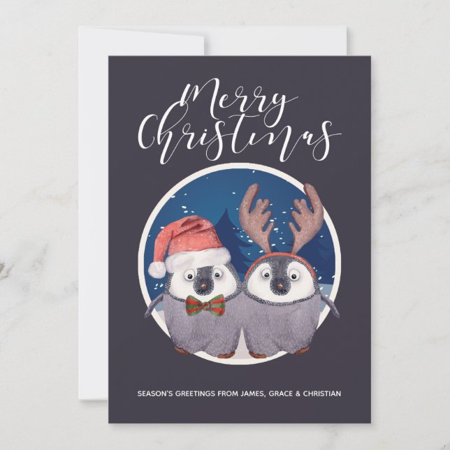 Penguin Couple Cute Santa and Reindeer Christmas Holiday Card (Front)