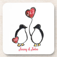 Penguin couple & heart balloon wedding