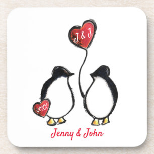Penguin couple & heart balloon wedding coaster