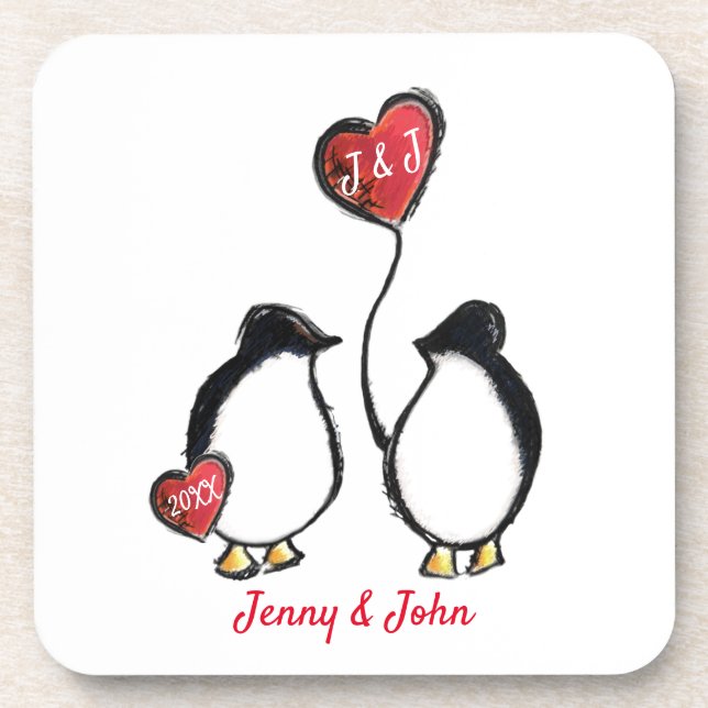Penguin couple & heart balloon wedding coaster (Front)