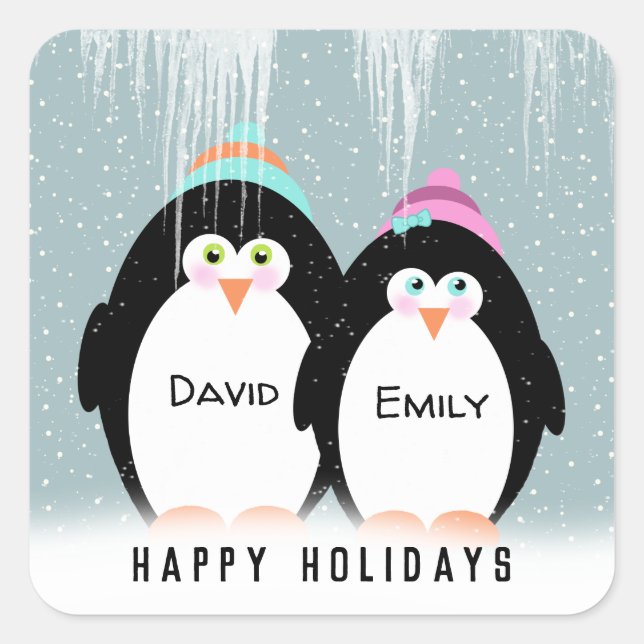 Penguin Couple In Snowflakes Square Sticker (Front)