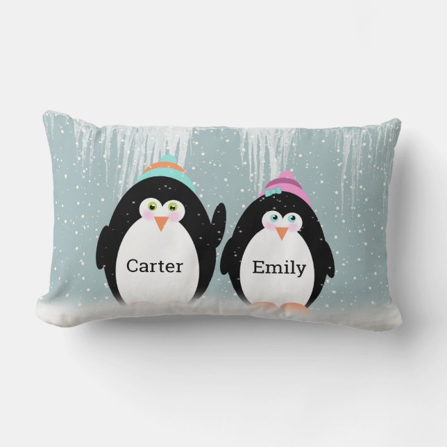 Penguin Couple In Snowflakes Throw Pillow (Front)