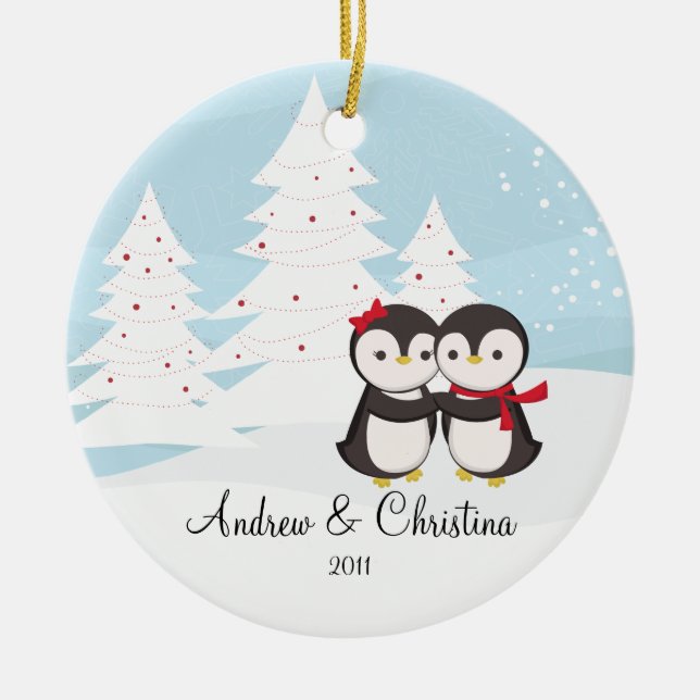 Penguin Couple Love Cute Christmas Ornament (Front)