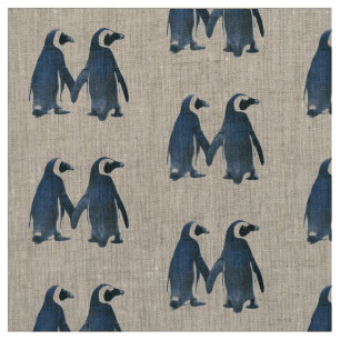 PENGUIN COUPLE PATTERN Natural Linen Fabric