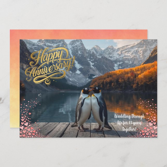 Penguin Couple Scenic Personalized Anniversary Card (Front/Back)